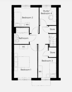 Four-bedroom house floor plan layout with bathroom.