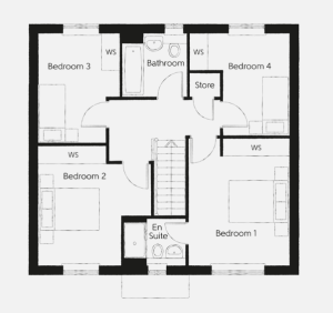 Four-bedroom house floor plan with bathroom outline.