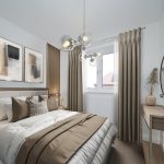 Modern bedroom with framed art and wooden accents.