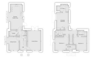 Floor plan with three bedrooms and living spaces.