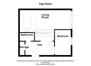 Top floor layout: bedroom, bathroom, living room, storage.