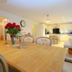 Modern kitchen and dining area with wooden table
