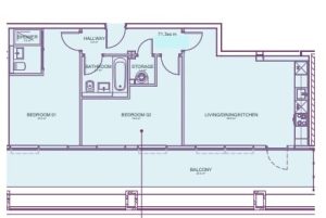 Two-bedroom flat floor plan with balcony