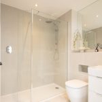 Modern minimalist bathroom with walk-in shower.