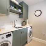 Contemporary utility room with washing machine and sink.