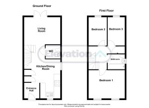 Two-storey house floorplan with three bedrooms.