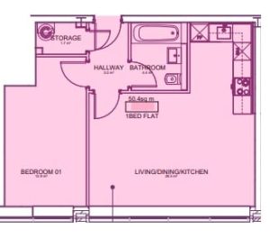Floor plan of one-bedroom flat including bathroom.