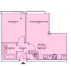 One-bedroom flat floor plan layout.