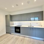 Modern minimalist kitchen with sleek grey cabinets.