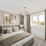 Modern bedroom with neutral decor and large window.