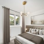 Modern bedroom with beige tones and large window.