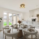 Modern kitchen with dining table and garden view.