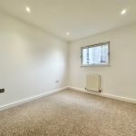 Empty room with beige carpet and single window.