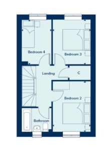 Floor plan with three bedrooms and bathroom