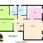 Two-bedroom flat floor plan with en-suite and kitchen.