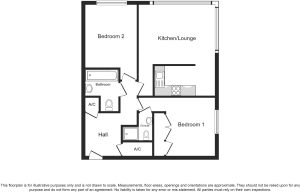 Two-bedroom flat floor plan with lounge and kitchen.