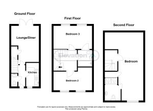 Three-storey house floor plan with bedrooms and kitchen.