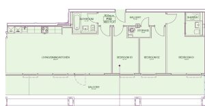 Three-bedroom flat floor plan layout.