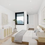 Modern minimalist bedroom with large window view.