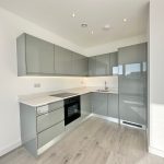 Modern kitchen with grey cabinets and wood floor.