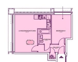 One-bedroom flat floor plan, pink schematic design.