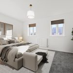 Modern bedroom interior with grey decor and natural light.