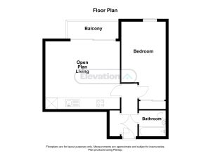 One-bedroom flat floor plan with balcony.