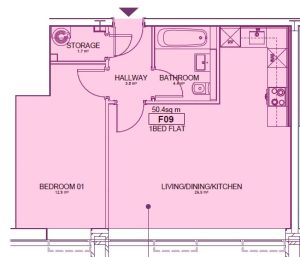 1-bed flat layout with kitchen and bathroom.