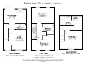 Three-floor house layout with measurements and labels.