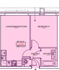 Floor plan of a one-bedroom flat layout.