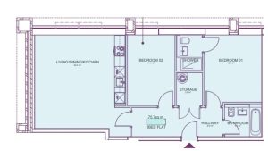 Two-bedroom flat floor plan with kitchen and bathroom.