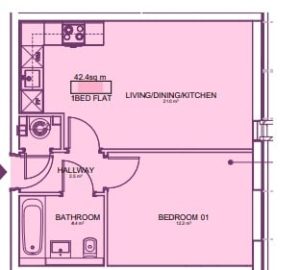 One-bedroom flat floor plan with dimensions.