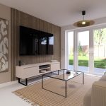 Modern living room with glass doors to garden.