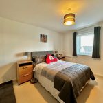 Cosy modern bedroom with double bed and window.