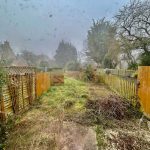 Overgrown garden with wooden fences on a foggy day.