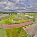 Scenic pond and pathways with overcast sky.