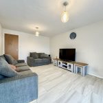 Modern living room with sofas and TV.