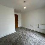 Empty room with grey carpet and light fitting.
