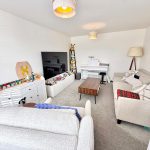 Bright living room with sofa and TV