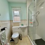 Modern bathroom with shower and toilet.