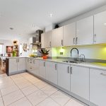 Modern kitchen with white cabinets and dining area