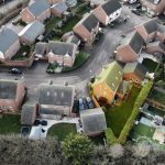 Aerial view of suburban residential neighbourhood.