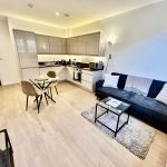 Modern open-plan kitchen and living room interior.