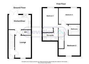 Two-storey house floor plan with three bedrooms.