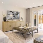 Modern living room with elegant decor and patio doors.