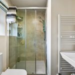 Modern bathroom with glass shower and decorative plant.