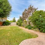 Green garden with pathway and trees in backyard.