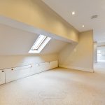 Spacious attic room with storage and skylight.