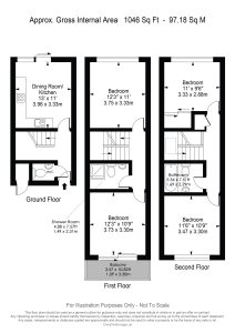 Three-storey house floor plan with room dimensions.