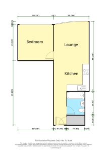 One-bedroom flat floor plan with kitchen and lounge.